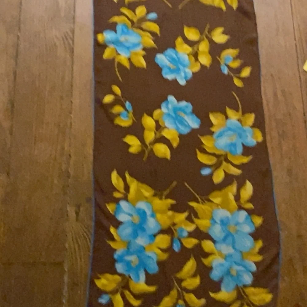 Vibrant Brown Chiffon Scarf Blue and Yellow Floral Hand-Rolled Edges